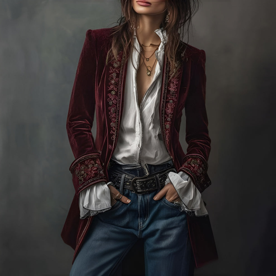 Women's Boho Velvet Duster Jacket Embroidered Open Front Longline