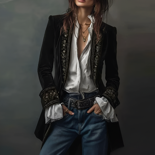 Women's Boho Velvet Duster Jacket Embroidered Open Front Longline
