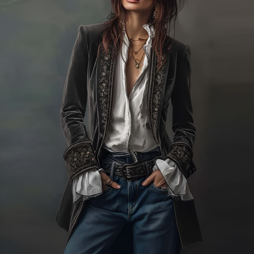 Women's Boho Velvet Duster Jacket Embroidered Open Front Longline