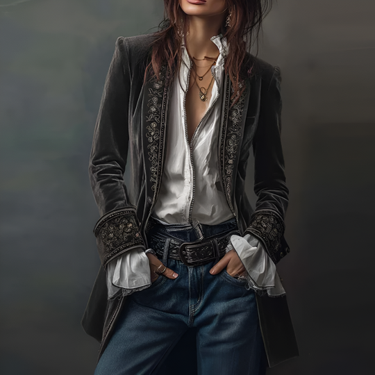 Women's Boho Velvet Duster Jacket Embroidered Open Front Longline