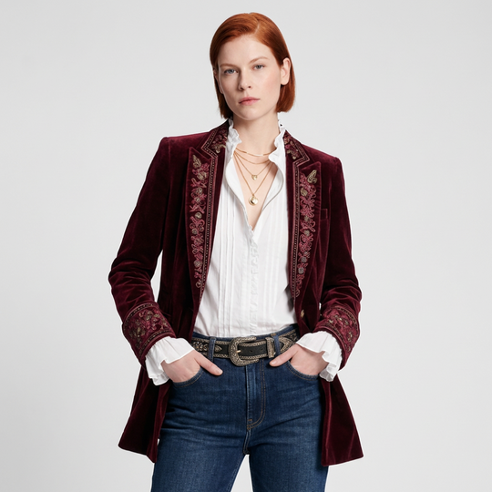 Women's Boho Velvet Duster Jacket Embroidered Open Front Longline