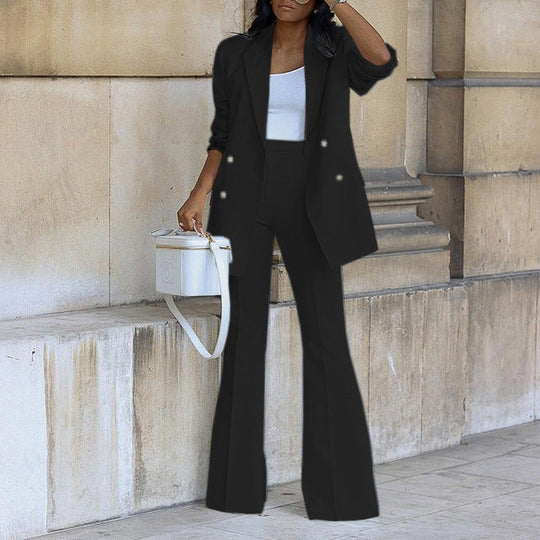 Women's Double-Breasted Blazer & High-Waist Flare Trouser Set