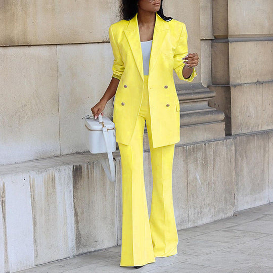 Women's Double-Breasted Blazer & High-Waist Flare Trouser Set