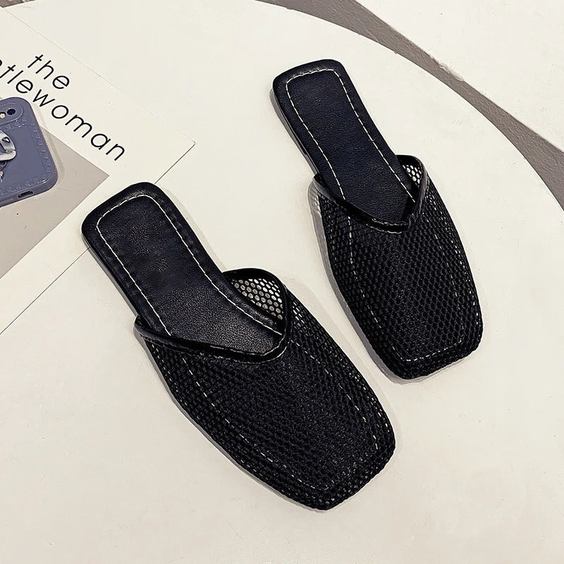 Women's Fishnet Mesh Square Toe Flat Mules Backless Slip-On Shoes