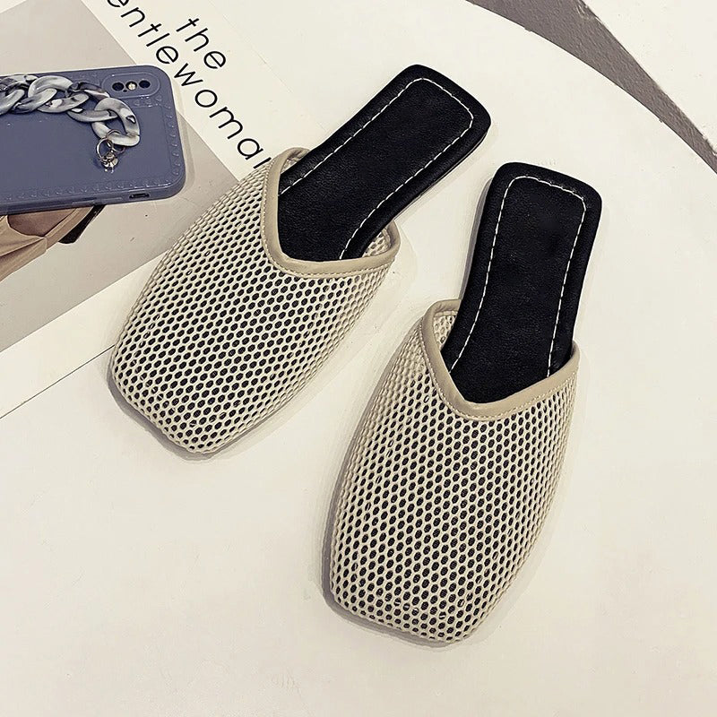 Women's Fishnet Mesh Square Toe Flat Mules Backless Slip-On Shoes