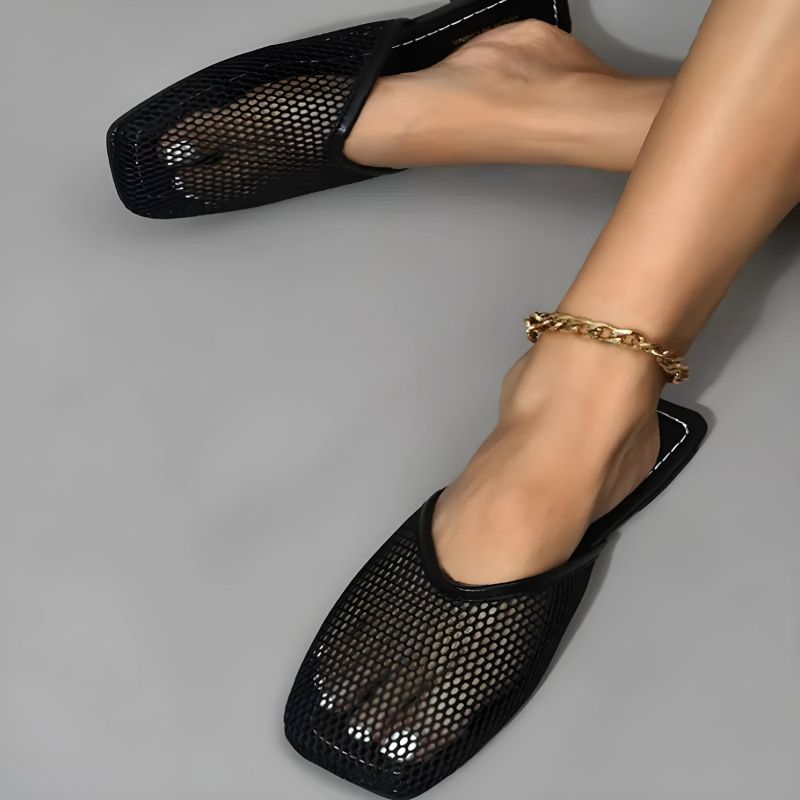 Women's Fishnet Mesh Square Toe Flat Mules Backless Slip-On Shoes