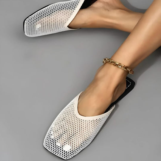 Women's Fishnet Mesh Square Toe Flat Mules Backless Slip-On Shoes