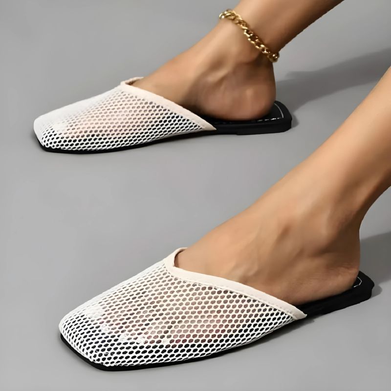 Women's Fishnet Mesh Square Toe Flat Mules Backless Slip-On Shoes