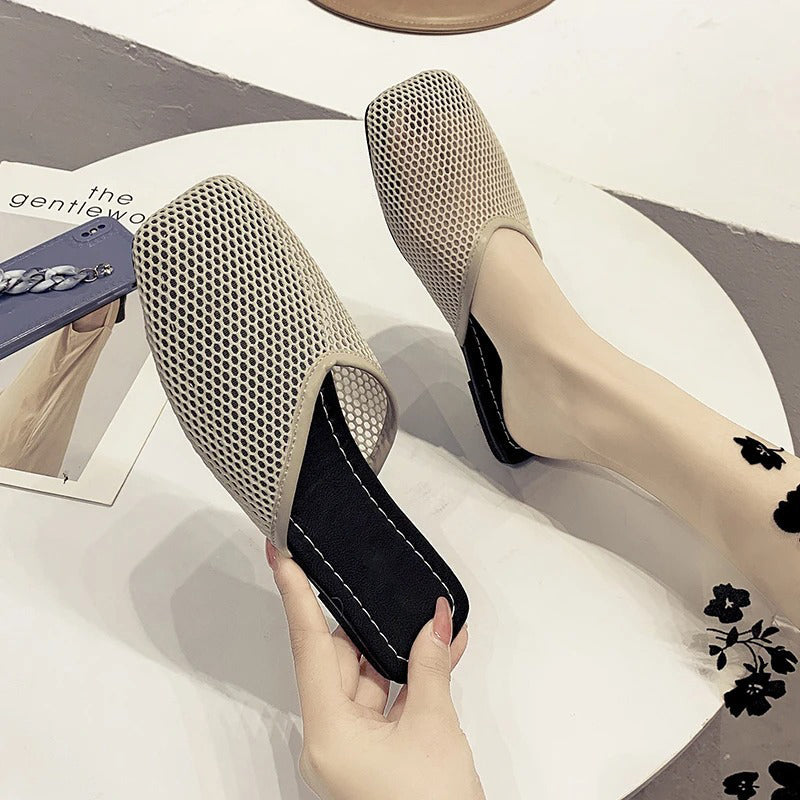 Women's Fishnet Mesh Square Toe Flat Mules Backless Slip-On Shoes