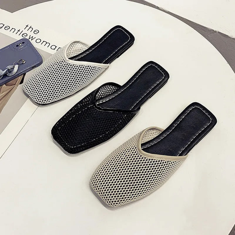 Women's Fishnet Mesh Square Toe Flat Mules Backless Slip-On Shoes