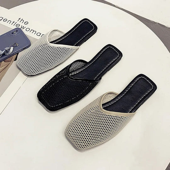 Women's Fishnet Mesh Square Toe Flat Mules Backless Slip-On Shoes