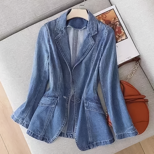 Women's Flared Hem Denim Blazer Jacket Notch Lapel