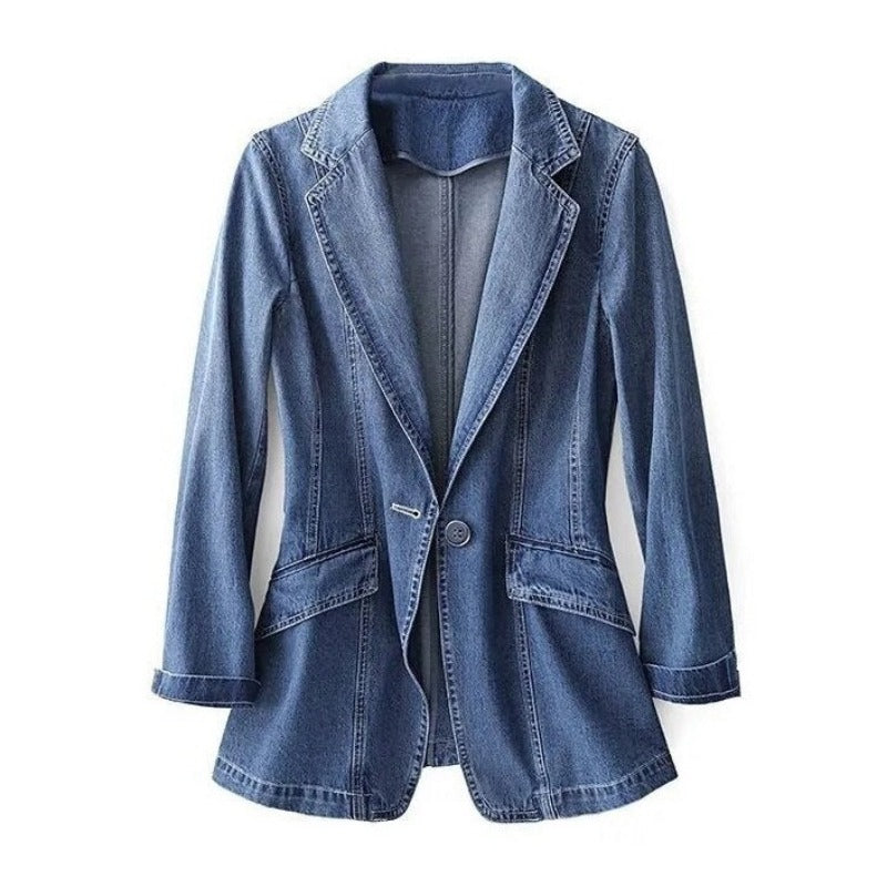 Women's Flared Hem Denim Blazer Jacket Notch Lapel