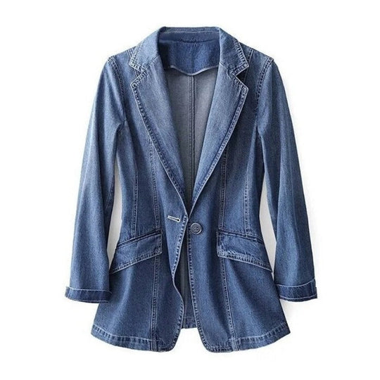 Women's Flared Hem Denim Blazer Jacket Notch Lapel