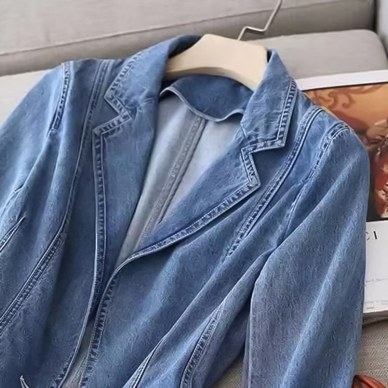 Women's Flared Hem Denim Blazer Jacket Notch Lapel