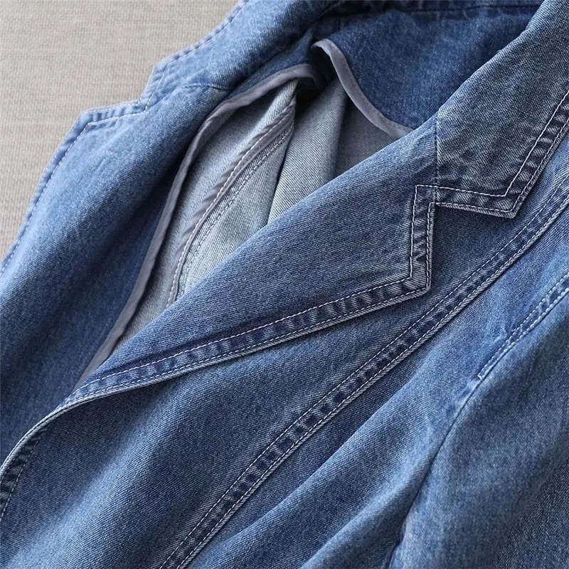 Women's Flared Hem Denim Blazer Jacket Notch Lapel