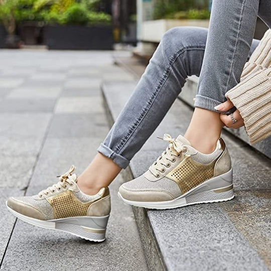 Women's Glitter Mesh Wedge Sneakers Perforated Metallic Panel Hidden Heel