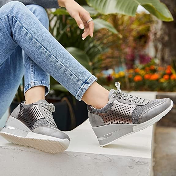 Women's Glitter Mesh Wedge Sneakers Perforated Metallic Panel Hidden Heel