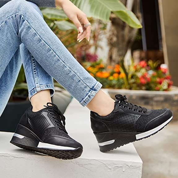 Women's Glitter Mesh Wedge Sneakers Perforated Metallic Panel Hidden Heel