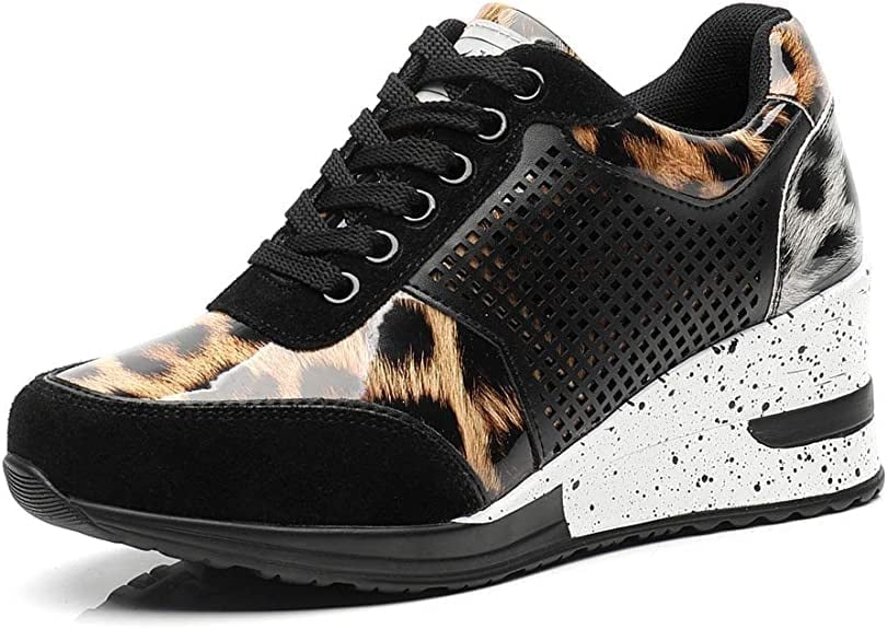 Women's Glitter Mesh Wedge Sneakers Perforated Metallic Panel Hidden Heel