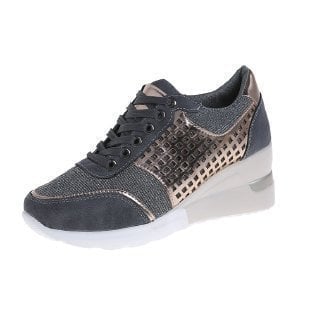 Women's Glitter Mesh Wedge Sneakers Perforated Metallic Panel Hidden Heel