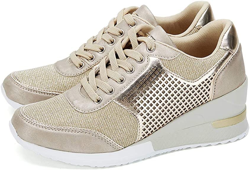 Women's Glitter Mesh Wedge Sneakers Perforated Metallic Panel Hidden Heel