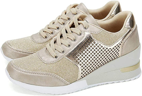 Women's Glitter Mesh Wedge Sneakers Perforated Metallic Panel Hidden Heel