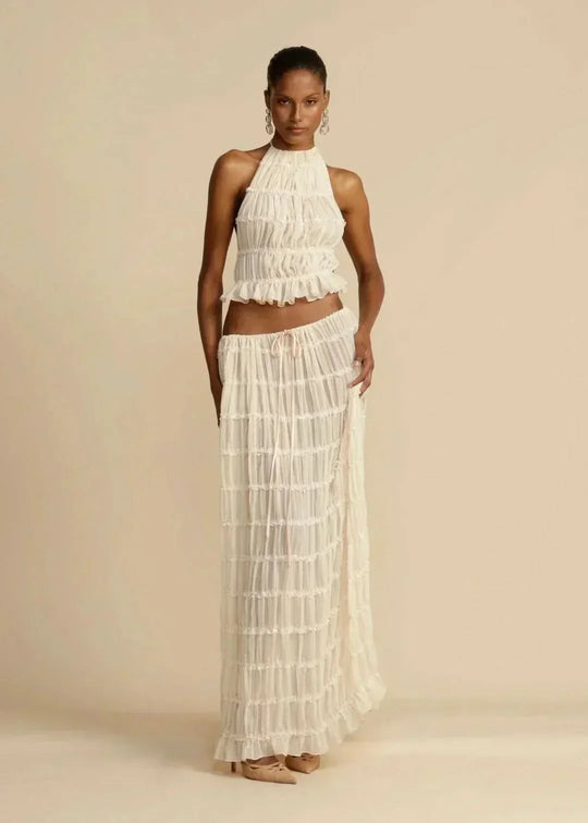 Women's Halter Neck Tiered Ruffle Maxi Skirt Set White Two-Piece