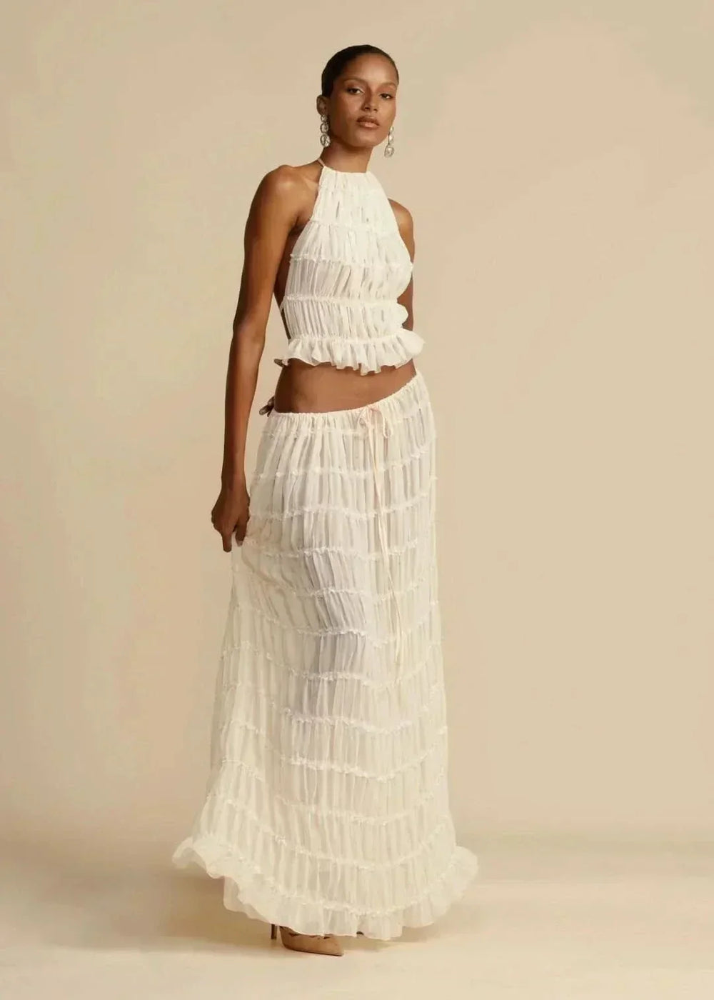 Women's Halter Neck Tiered Ruffle Maxi Skirt Set White Two-Piece