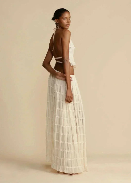 Women's Halter Neck Tiered Ruffle Maxi Skirt Set White Two-Piece