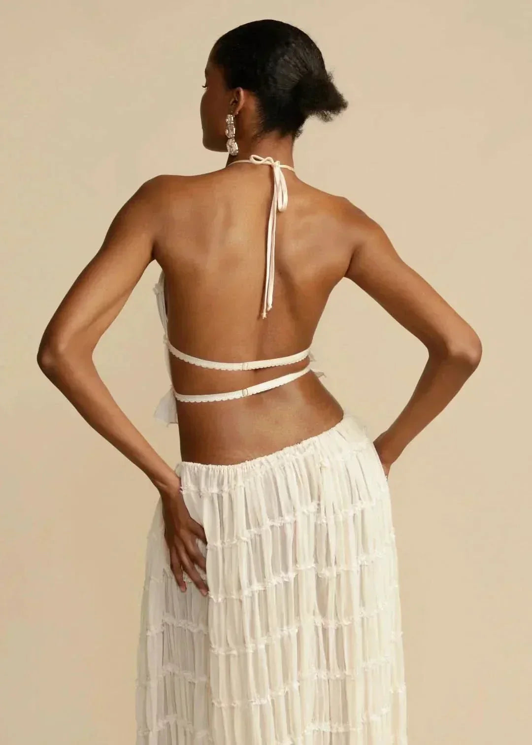 Women's Halter Neck Tiered Ruffle Maxi Skirt Set White Two-Piece