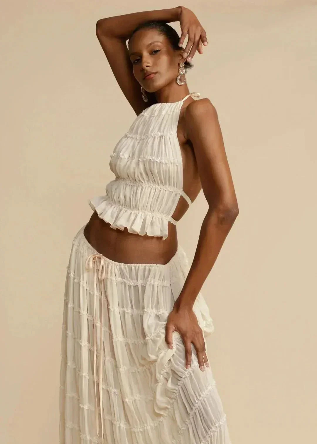Women's Halter Neck Tiered Ruffle Maxi Skirt Set White Two-Piece