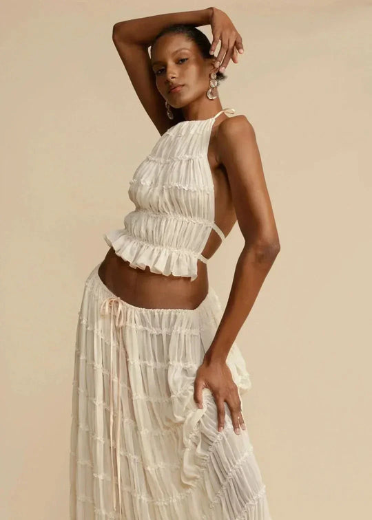 Women's Halter Neck Tiered Ruffle Maxi Skirt Set White Two-Piece