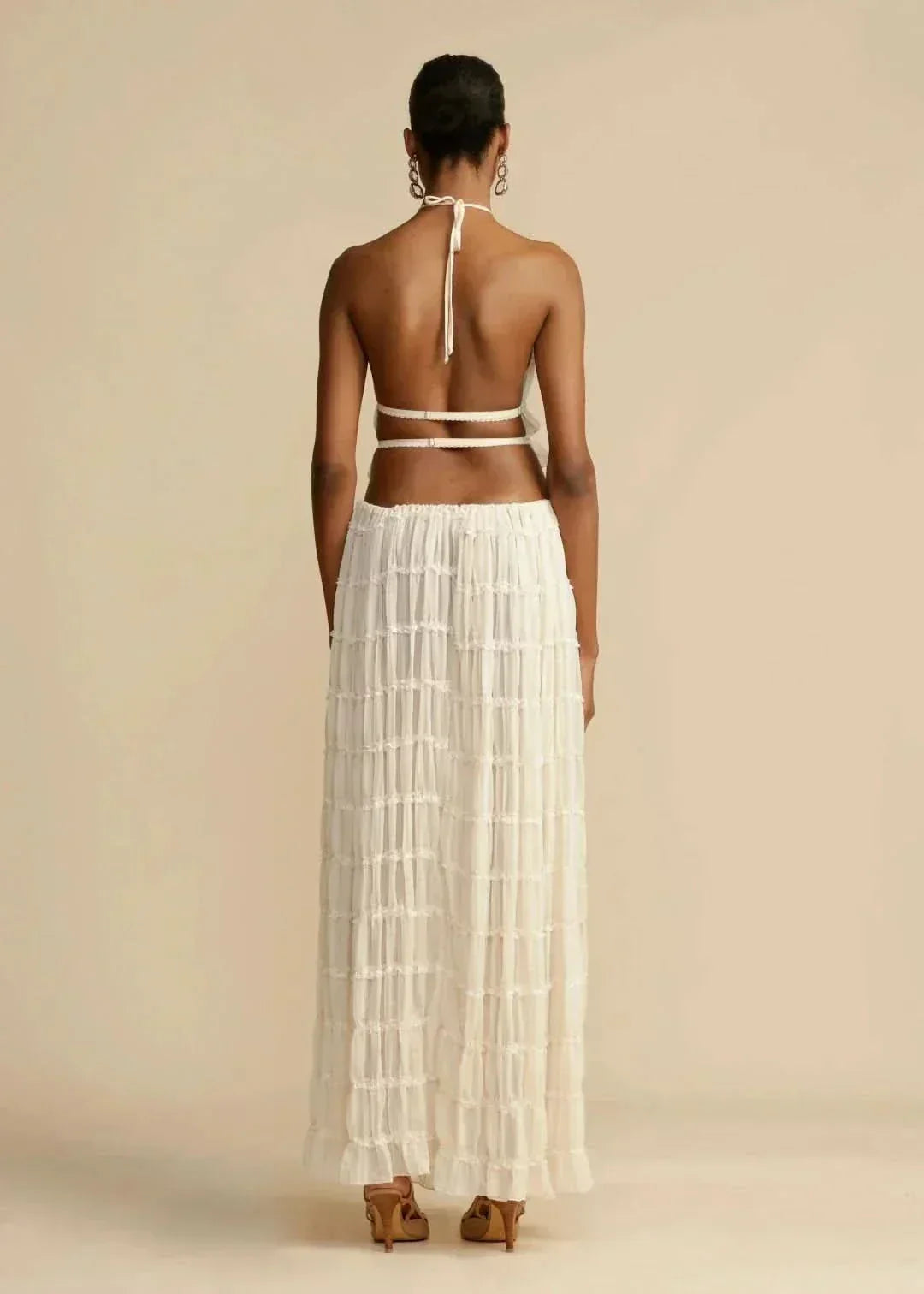 Women's Halter Neck Tiered Ruffle Maxi Skirt Set White Two-Piece
