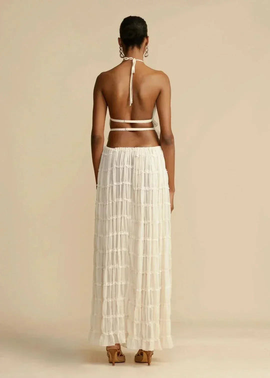 Women's Halter Neck Tiered Ruffle Maxi Skirt Set White Two-Piece