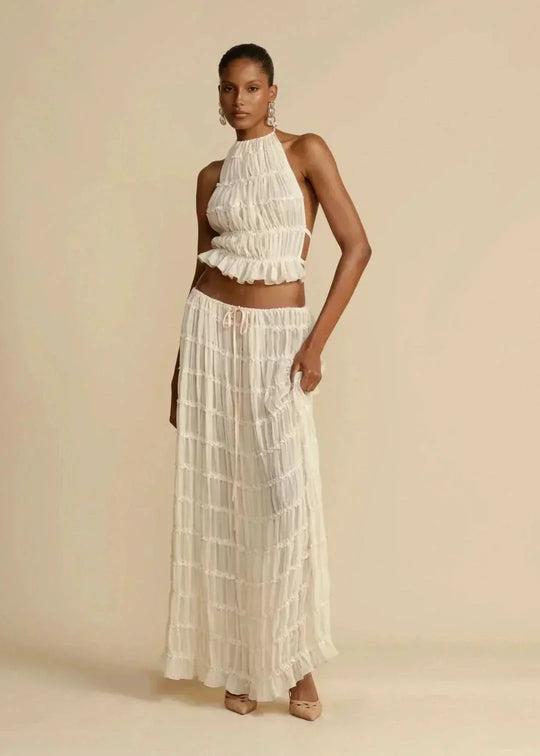 Women's Halter Neck Tiered Ruffle Maxi Skirt Set White Two-Piece