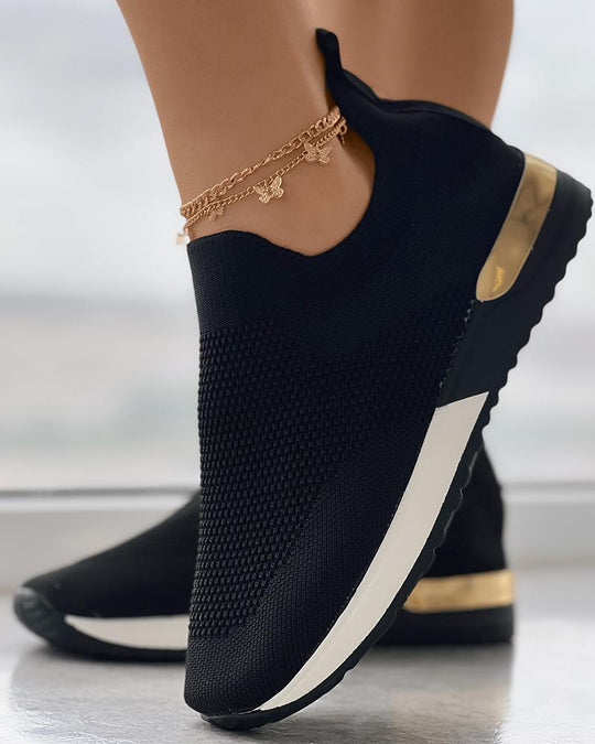 Women's Knit Slip-On Sneakers Gold Heel Accent Walking Shoes