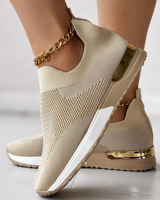 Women's Knit Slip-On Sneakers Gold Heel Accent Walking Shoes