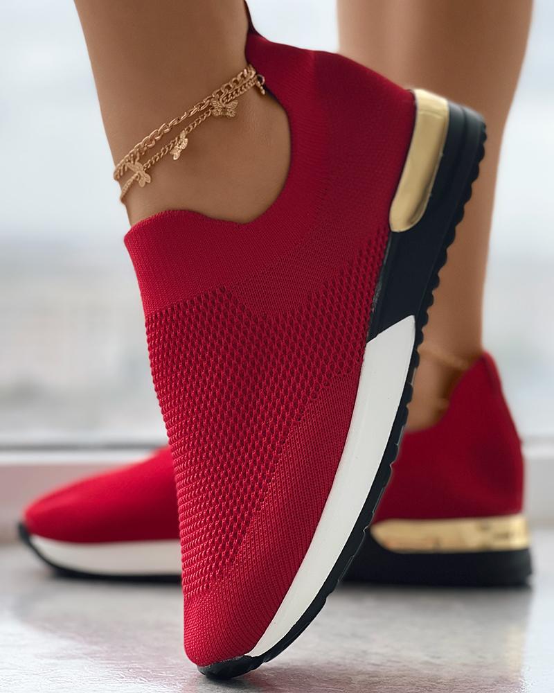 Women's Knit Slip-On Sneakers Gold Heel Accent Walking Shoes