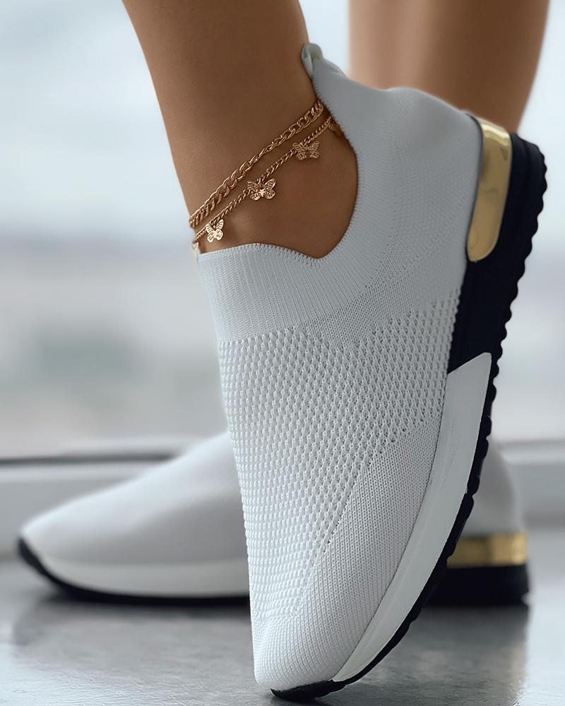 Women's Knit Slip-On Sneakers Gold Heel Accent Walking Shoes