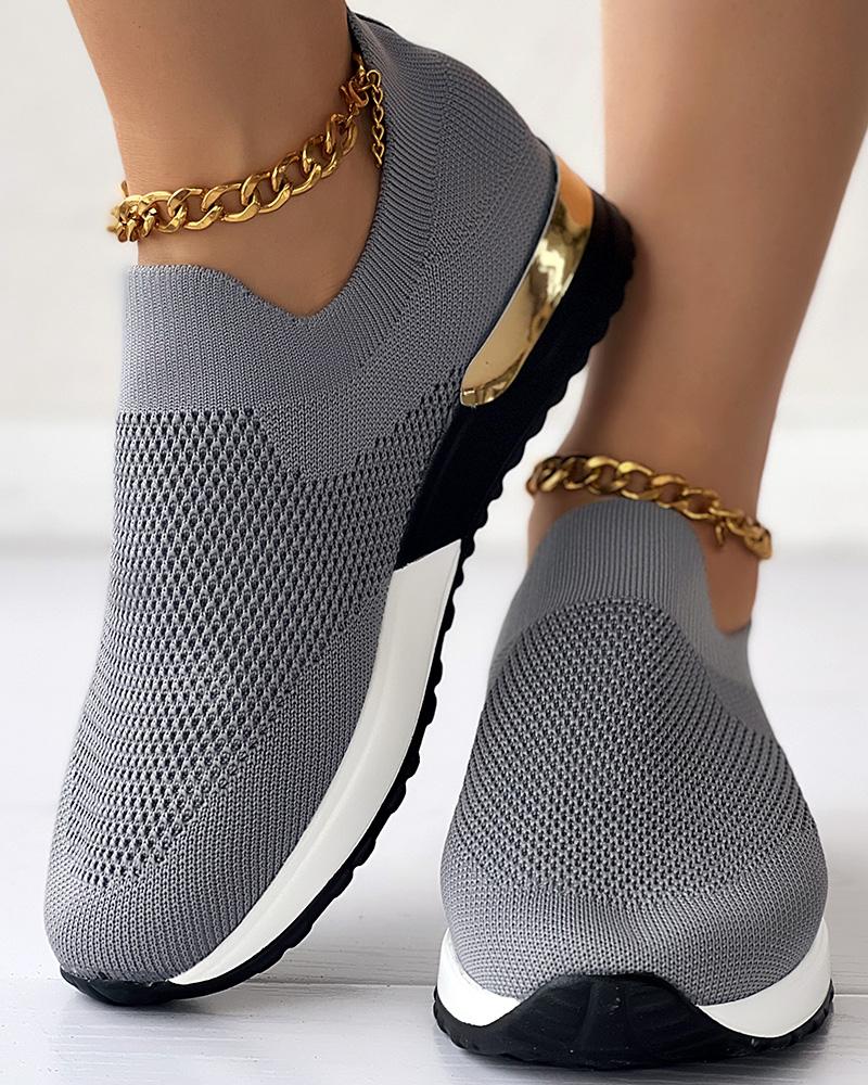 Women's Knit Slip-On Sneakers Gold Heel Accent Walking Shoes
