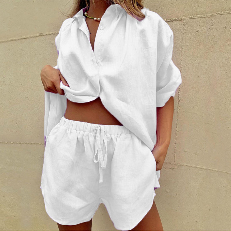 Women's Linen Shirt and Shorts Set Two Piece Drawstring