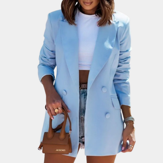 Women's Longline Double-Breasted Blazer Ruched Sleeves