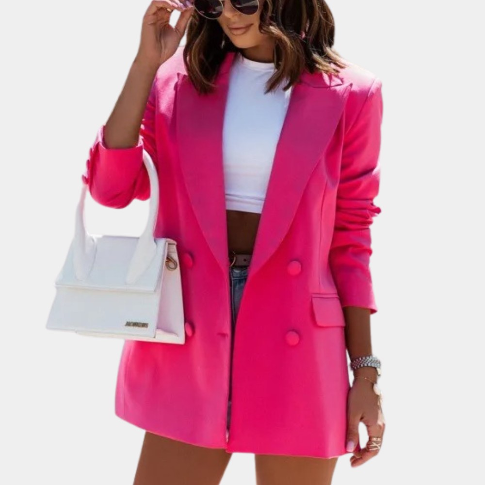 Women's Longline Double-Breasted Blazer Ruched Sleeves
