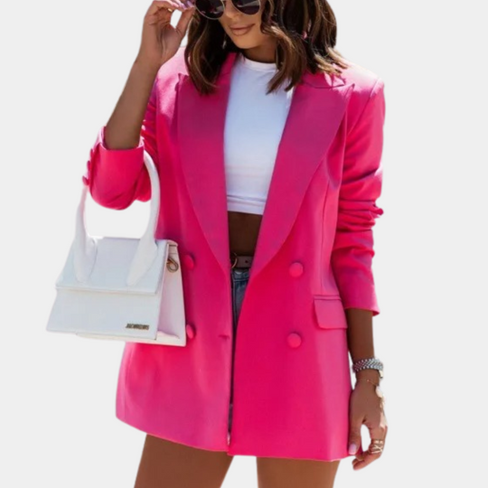 Women's Longline Double-Breasted Blazer Ruched Sleeves