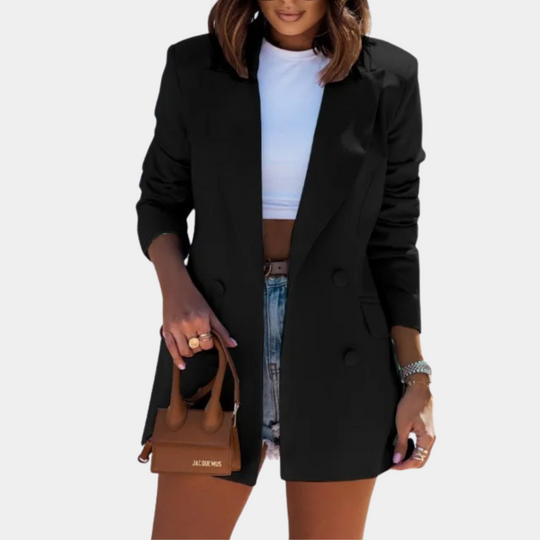 Women's Longline Double-Breasted Blazer Ruched Sleeves