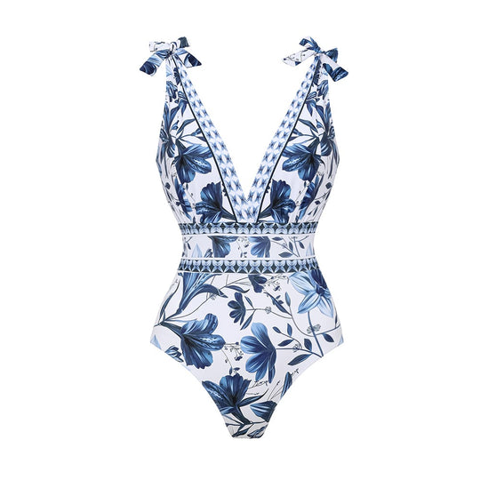 Women's One Piece Bathing Suit Floral Print V Neck High Cut