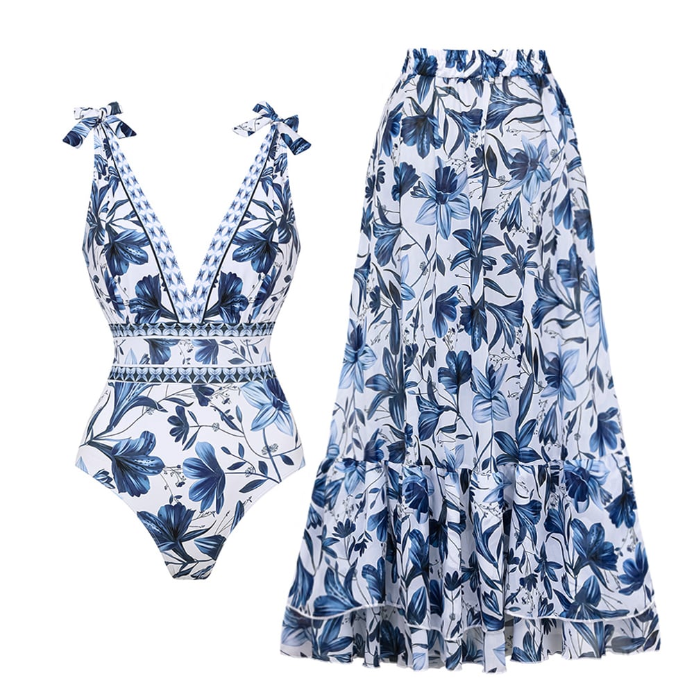 Women's One Piece Bathing Suit Floral Print V Neck High Cut