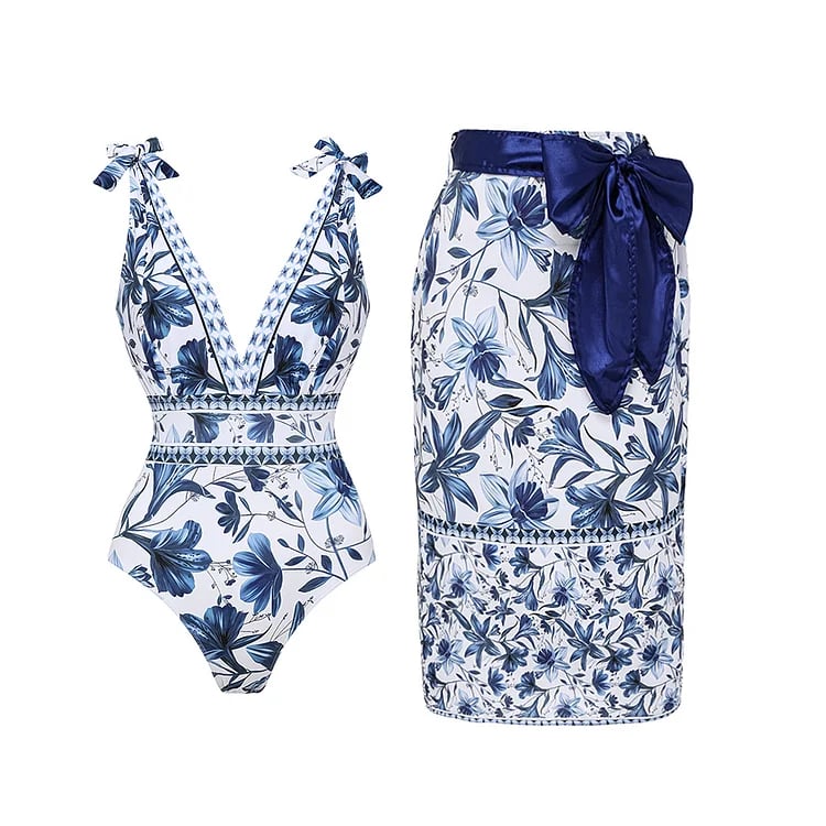 Women's One Piece Bathing Suit Floral Print V Neck High Cut