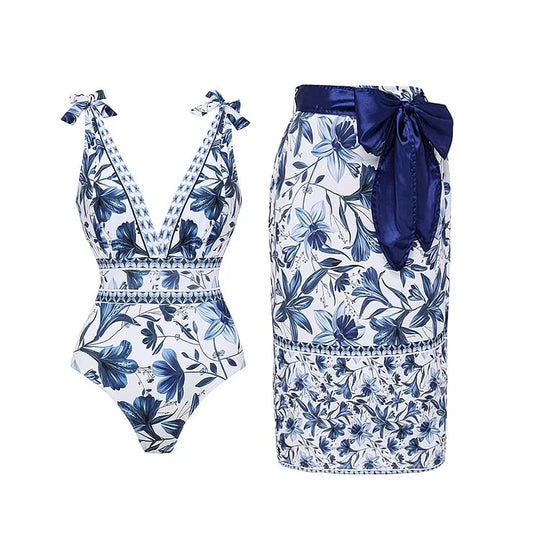 Women's One Piece Bathing Suit Floral Print V Neck High Cut